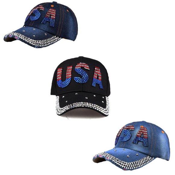 Women's Denim Fashion Diamond Letter USA Outdoor Casual Sunshade Adjustable Cap - Picture 1 of 5